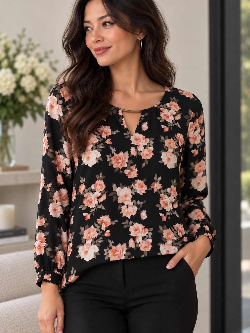 Women’s Black Floral Keyhole Blouse with Peach Accents